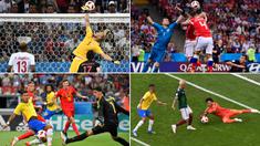 Kiper Meksiko, Guillermo Ochoa, heroik saat melawan Brasil meski akhirnya kalah, demikian juga Kasper Schmeichel yang membuat Kroasia frustasi. Berikut ini tujuh kiper dengan penyelamatan terbanyak di Piala Dunia 2018. (Kolase foto-foto dari AFP)
