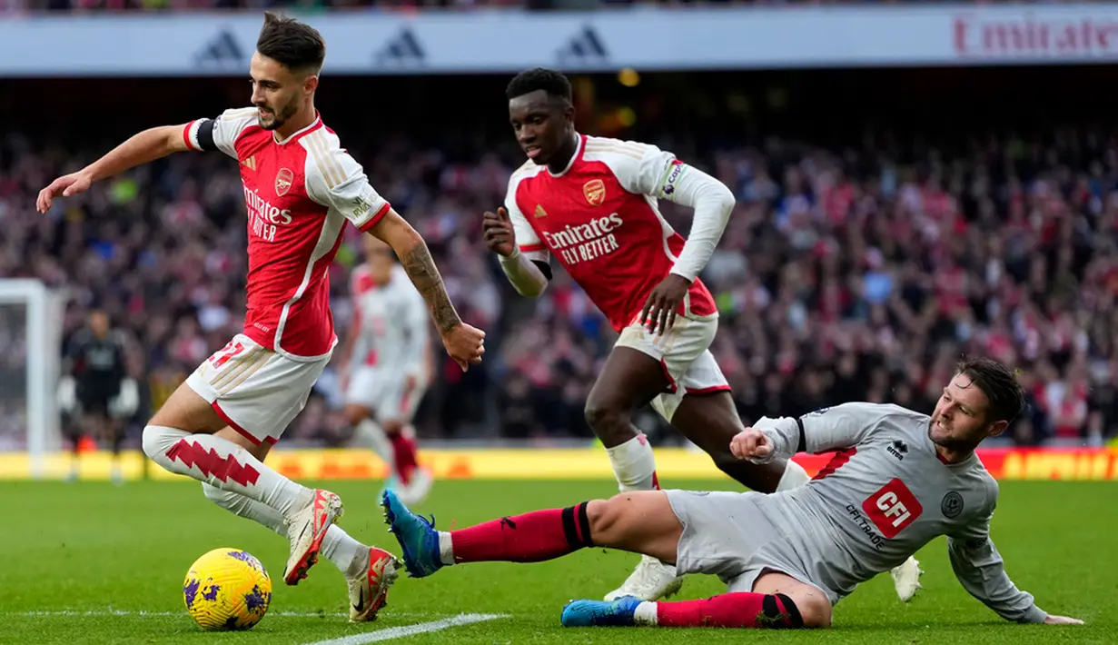 Arsenal sukses mengamankan tiga poin setelah menjamu Sheffied United pada pekan ke-10 Liga Inggris. Skuad racikan Mikel Arteta itu menang 5-0 atas tim tamu. (AP Photo/Kirsty Wigglesworth)