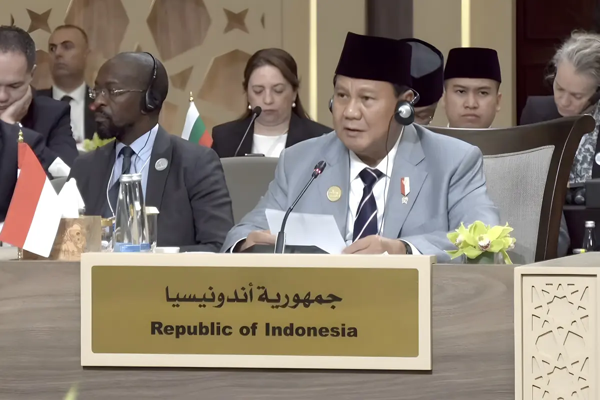 Menteri Pertahanan Prabowo Subianto saat menghadiri Konferensi Tanggap Darurat Gaza di Yordania.