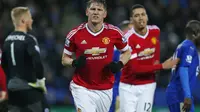 Schweinteriger merayakan gol ke gawang Leicester (Reuters)