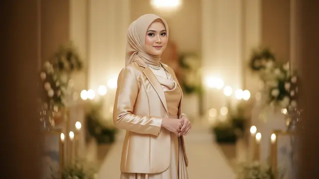 Gamis Satin Flowy dengan Outer Blazer Tipis Warna Senada