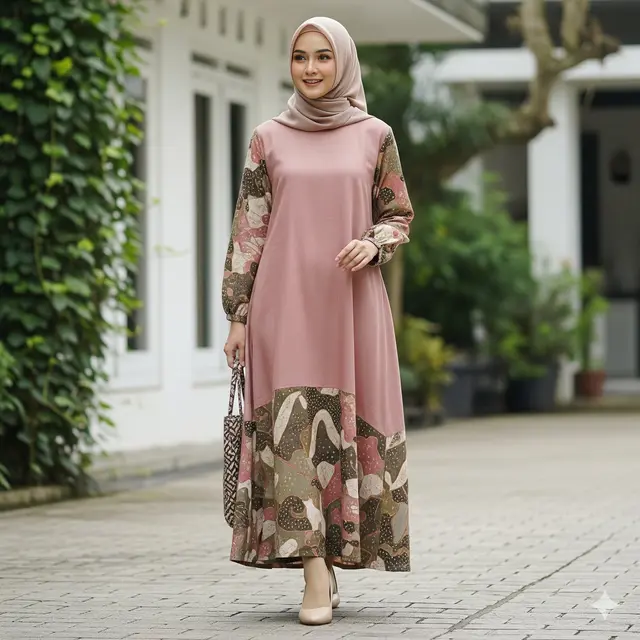 Midi Dress Linen Kombinasi Batik Modern