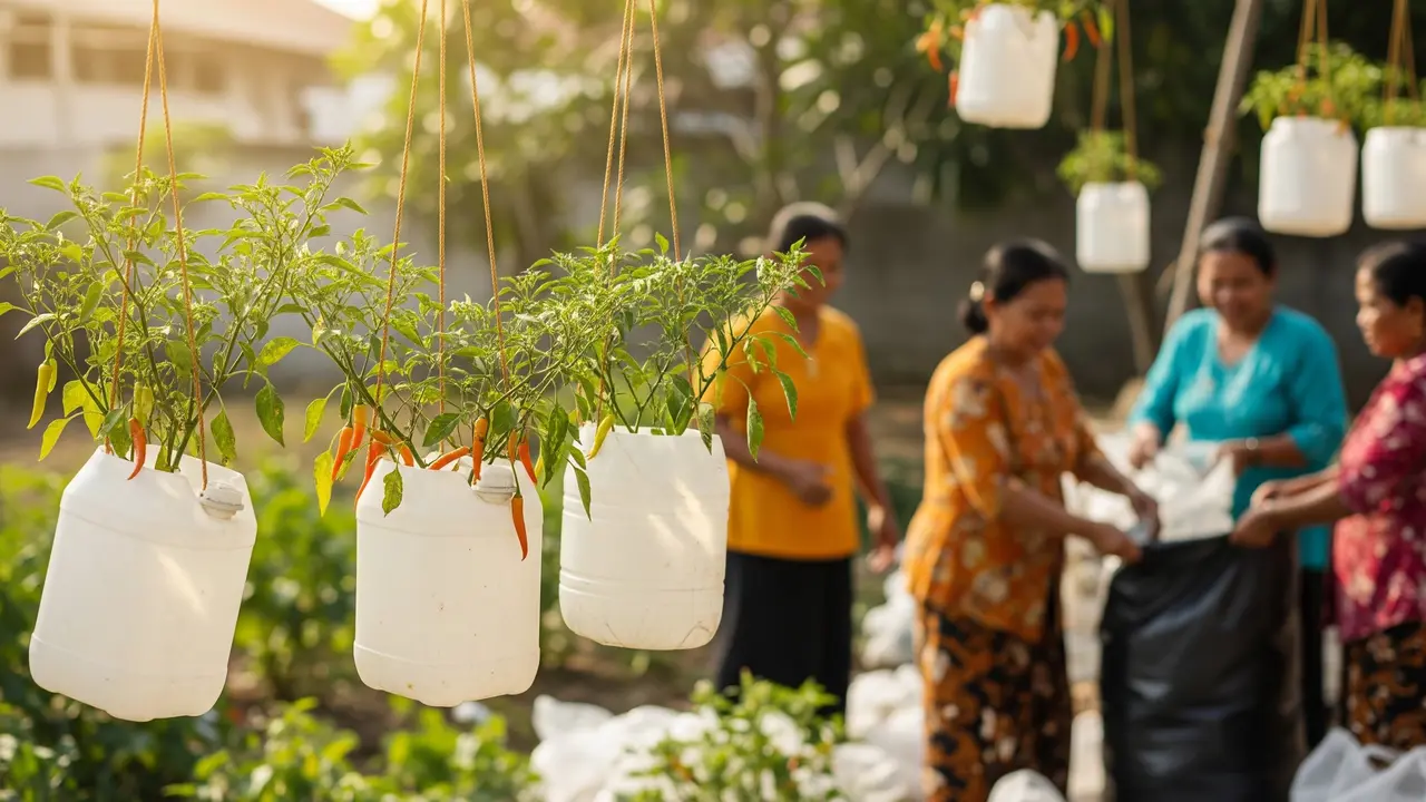 Ide Kebun Cabai Gantung dari Galon Bekas dan Tali Gantung untuk Ibu-ibu Penggerak Bank Sampah