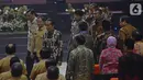 Presiden Joko Widodo (ketiga kiri) usai memberikan pidato pada Rakornas Indonesia Maju antara Pemerintah Pusat dan Forum Koordinasi Pimpinan Daerah di Bogor, Jawa Barat, Rabu (13/11/2019). Forum ini untuk mensinergikan program-program pemerintah pusat dengan daerah. (Liputan6.com/Herman Zakharia)