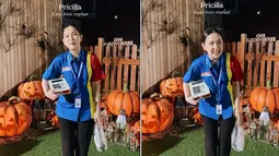 Lain lagi dengan Agatha Pricilla yang tampil dengan memakai baju kasir mini market. Meski simpel, usahanya untuk mendapat seragam hingga menirukan keramahan kasir pun membuat dirinya banyak disebut sebagai "Mbak-Mbak Mini Market" oleh netizen. (Liputan6.com/IG/@ifyalyssa)