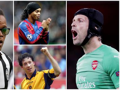 Berikut ini tujuh asesoris yang biasa digunakan pesepak bola saat beraksi di medan laga. Diantaranya, kaca mata, bandana, helm rugby. (Foto Kolase AP dan AFP).