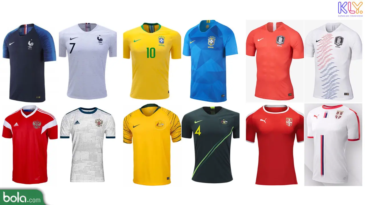 Jersey Terbaik di Piala Dunia 2018. (Dari kiri ke kanan Prancis, Brasil, Korea Selatan, Rusia, Australia, Serbia) (Bola.com/Adreanus Titus)