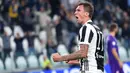 Mario Mandzukic mencetak satu gol untuk Juventus saat melawan Olympiakos pada laga grup D Liga Champions di Allianz stadium, Turin, (27/9/2017). Juventus menang 2-0. (Alessandro Di Marco/ANSA via AP)