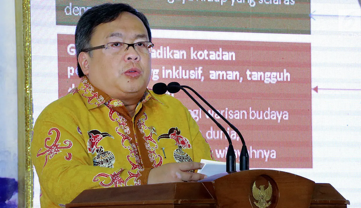 Menteri PPN / Kepala Bappenas Bambang Brodjonegoro memberikan sambutan pada acara Pemberian Sertifikat dari UNESCO Global Geopark di Kementerian PPN/Bappenas, Jakarta, Kamis (12/07). (Liputan6.com/HO/Bappenas)