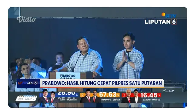Capres dan Cawapres nomor urut 02 Prabowo Subianto-Gibran Rakabuming Raka saat pidato dan deklarasi kemenangan hasil sementara quick count Pemilu 2024 di Istora Senayan, Rabu (14/2/2024).