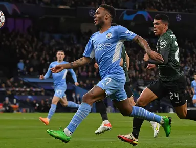Manchester City ditahan imbang 0-0 oleh Sporting Lisbon pada babak 16 besar Liga Champions 2021/2022 di Etihad Stadium, Kamis (10/03/2022) dini hari WIB. (AFP/Paul Ellis)