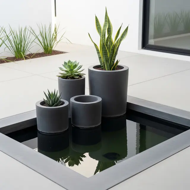 Kolam Mini yang Menyatu dengan Pot Tanaman (AI Generated)