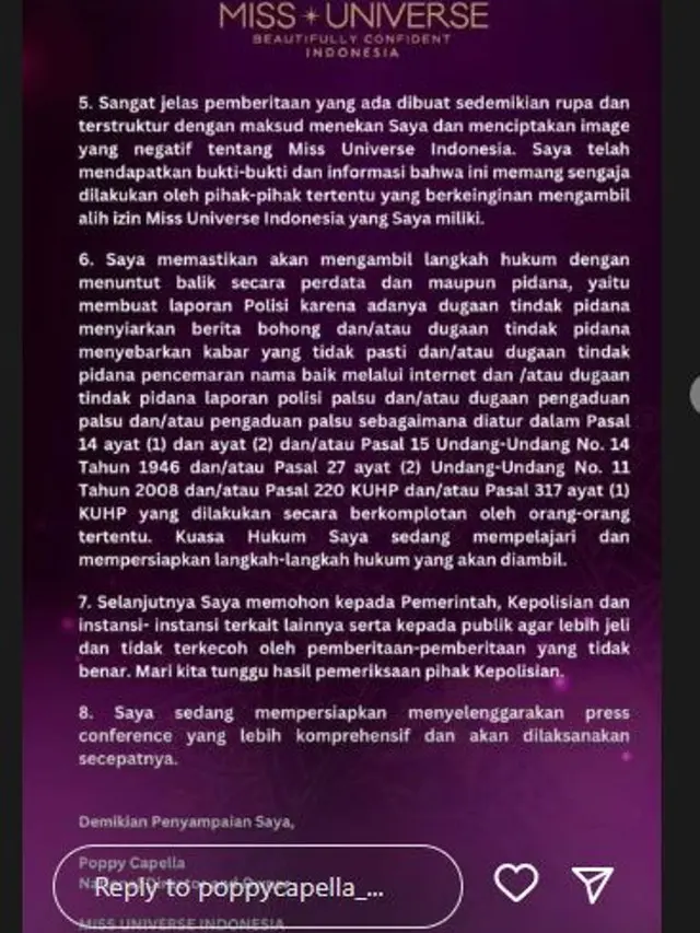 Lisensi Miss Universe Dicabut, Poppy Capella Merasa Disudutkan dan Siap Lapor Polisi