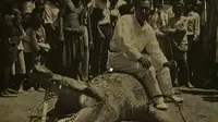 Akun Tati Tahir di Facebook yang mengunggah dua foto serta kisah penangkapan buaya berjuluk La Goroba, penghuni muara sungai di Palu, tahun 1935. (Foto: Istimewa/Facebook/Dinas Kearsipan dan Perpustakaan Kota Palu/Liputan6.com/Apriawan)