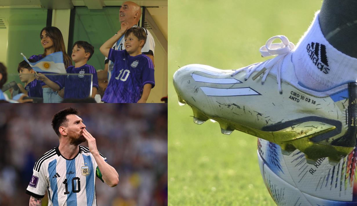 <p>Lionel Messi merupakan salah satu pesepak bola yang dikenal sebagai seseorang yang family man. Salah satu buktinya terletak pada sepatunya yang digunakan untuk perhelatan akbar Piala Dunia 2022. (Foto Kolase: AP dan AFP)</p>