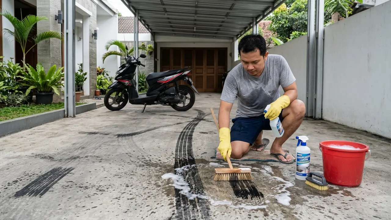 Membersihkan Bekas Ban Motor di Lantai Carport (AI Generated)