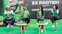Dalam rangkaian peluncuran MILO PRO diadakan talk show bersama (ki-ka) Kepala Dinas Pemuda dan Olahraga DK Jakarta Drs. Andri Yansyah, M.H., Marketing Manager Nestlé MILO Indonesia Alaa Shaaban, Ahli Gizi Ayu Anisadiyah, S.Gz, dan Atlet Brazilian Jiu-Jitsu Fina Phillipe di Komplek Stadion Utama Gelora Bung Karno, Jakarta, Minggu (24/8/2025). (Dok MILO)