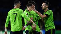 Pemain MU merayakan gol wonderkid MU Alejandro Garnacho saat menjebol gawang Sociedad di Liga Europa (AFP)