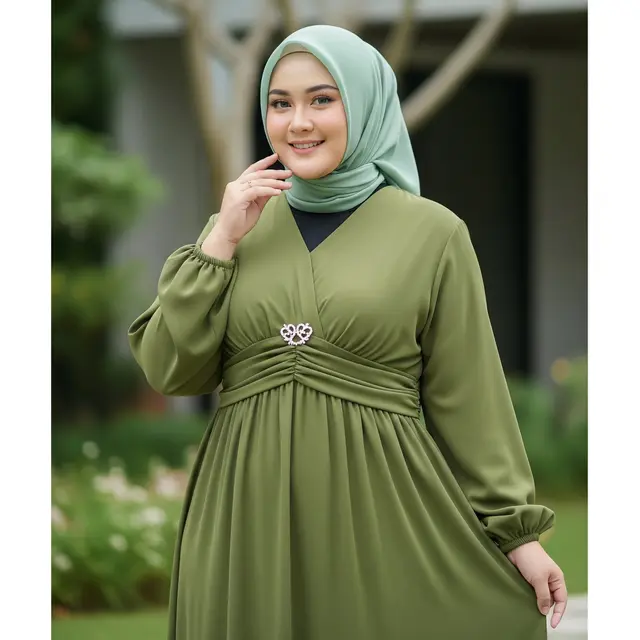 Gamis V-Neck Olive dengan Ruching Pinggang