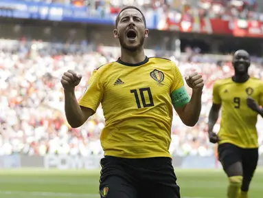 Gelandang Belgia, Eden Hazard, merayakan gol yang dicetaknya ke gawang Tunisia pada laga grup G Piala Dunia di Stadion Spartak, Moskow, Sabtu (23/6/2018). Belgia menang 5-2 atas Tunisia. (AP/Matthias Schrader)