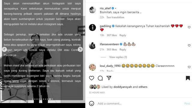 Rio Alief ceritakan perjuangan Clerence melawan kanker (Foto: Instagram rio_alief)