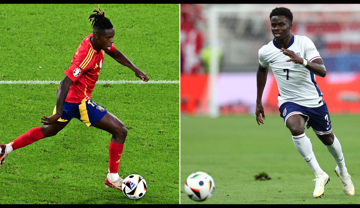 Nico Williams dan Bukayo Saka tampil memukau dengan timnya masing-masing pada perhelatan Piala Eropa kali ini. Williams tercatat bermain sebanyak lima kali dengan mencetak satu gol sejauh ini. Sementara itu, Saka selalu dipercaya oleh pelatih Gareth Southgate di skuad The Three Lions. Pemain Arsenal tersebut tercatat telah membuat satu gol saat melawan Swiss pada babak perempat final. (AFP/Tobias Schwarz, Adrian Dennis)