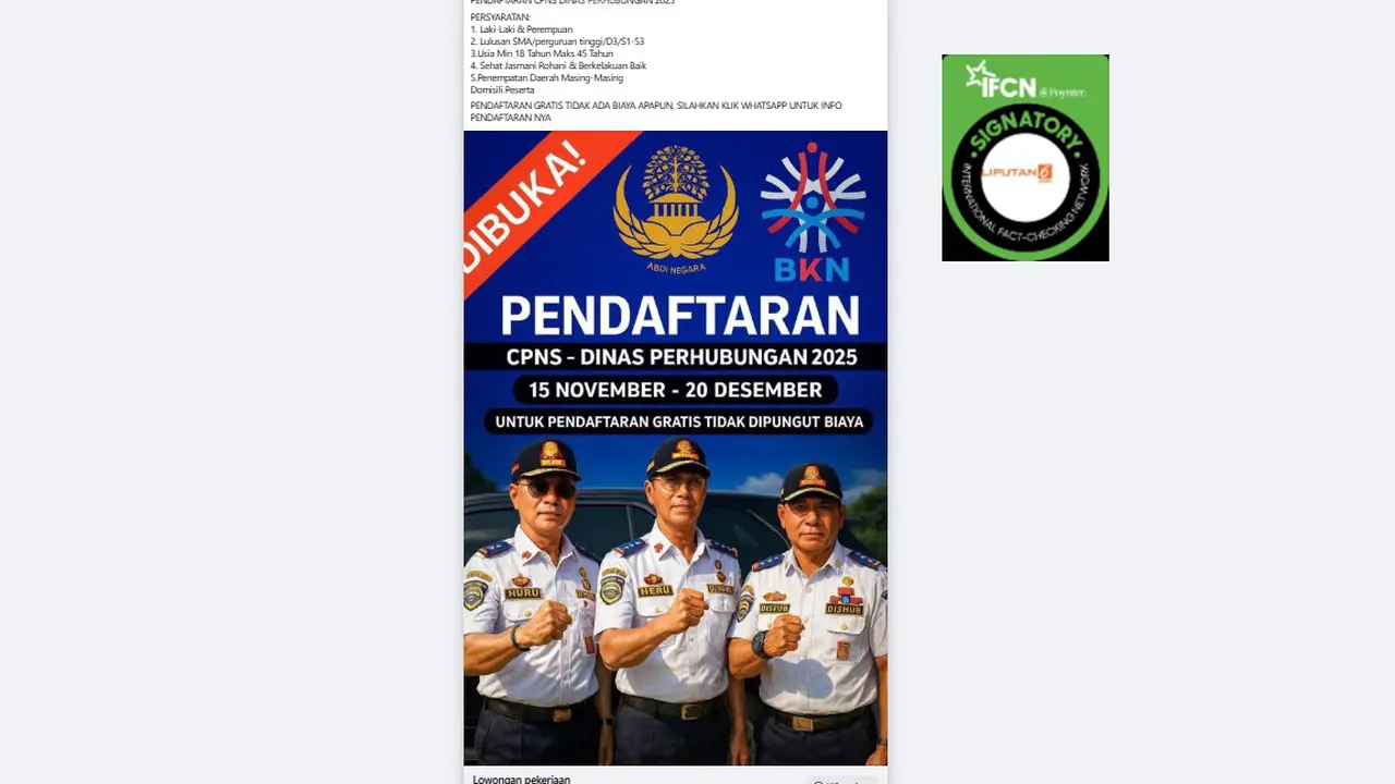 Tangkapan layar klaim link pendaftaran CPNS Dinas Perhubungan 2025 periode 15 November - 20 Desember yang beredar di Facebook.