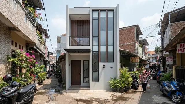 Desain rumah 2 lantai di gang sempit tanpa halaman depan yang bisa jadi resolusi hunian minimalis elegan di 2027 model jendela vertikal