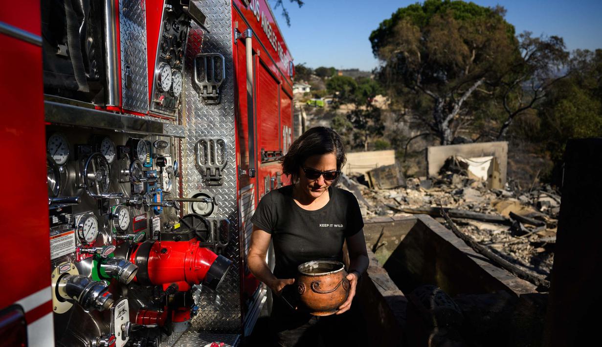 Kobaran api juga mengancam lebih kurang 3.500 bangunan di permukiman, peternakan dan area pertanian di pinggiran kota di sekitar Camarillo, Ventura, California. Tampak dalam foto, Robin Wallace usai membersihkan dan mengganti air untuk ikan peliharaannya di rumah keluarganya di West Highland Drive yang hancur akibat kebakaran hutan dan gunung pada 8 November 2024 di Camarillo, California. (Patrick T. Fallon/AFP)