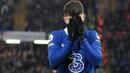 Reaksi pemain Chelsea Kai Havertz setelah mencetak gol ke gawang Everton pada pertandingan sepak bola Liga Inggris di Stadion Stamford Bridge, London, Inggris, Sabtu (18/3/2023). (AP Photo/Kirsty Wigglesworth)