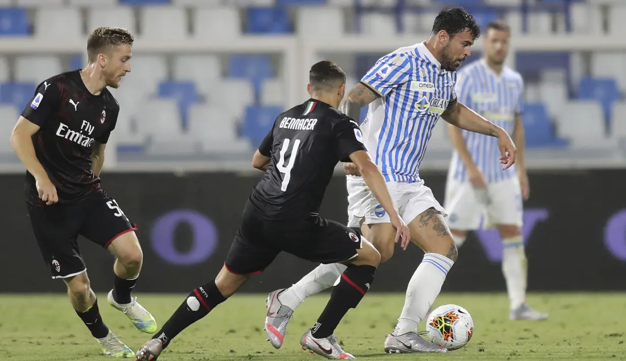 Pemain SPAL Andrea Petagna (kanan) menggiring bola saat melawan AC Milan pada pertandingan Serie A di Stadion Paolo Mazza, Ferrara, Italia, Rabu (1/7/2020). Pertandingan berakhir dengan skor 2-2. (Filippo Rubin/LaPresse via AP)