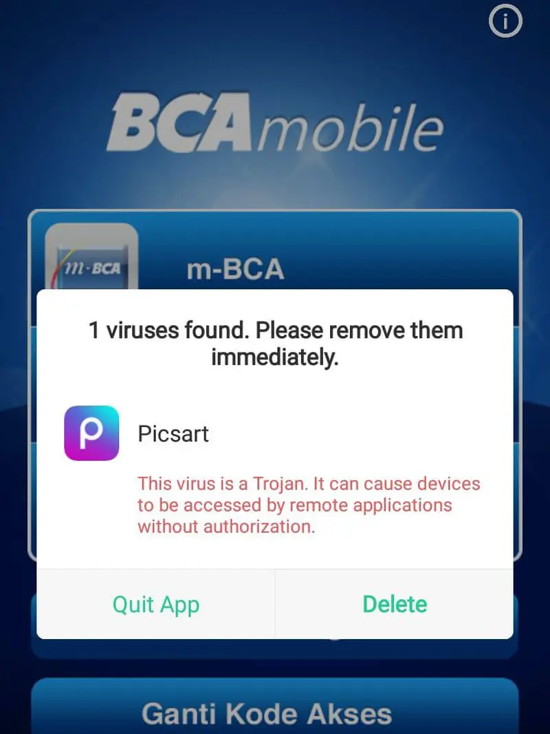 Screenshot M-BCA dengan peringatan virus dari aplikasi PicsArt yang viral di kalangan warganet