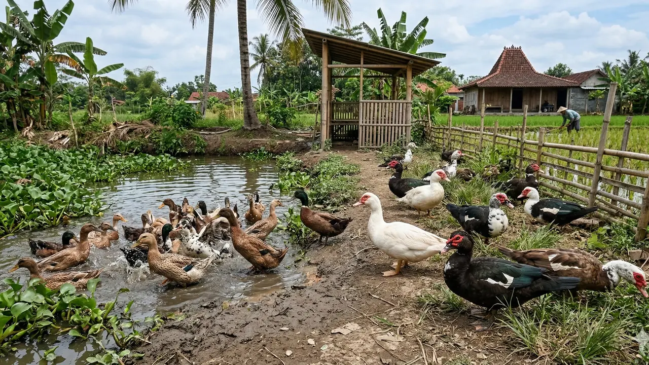 Perbandingan Ternak Itik dan Entok (Foto: Gemini AI)