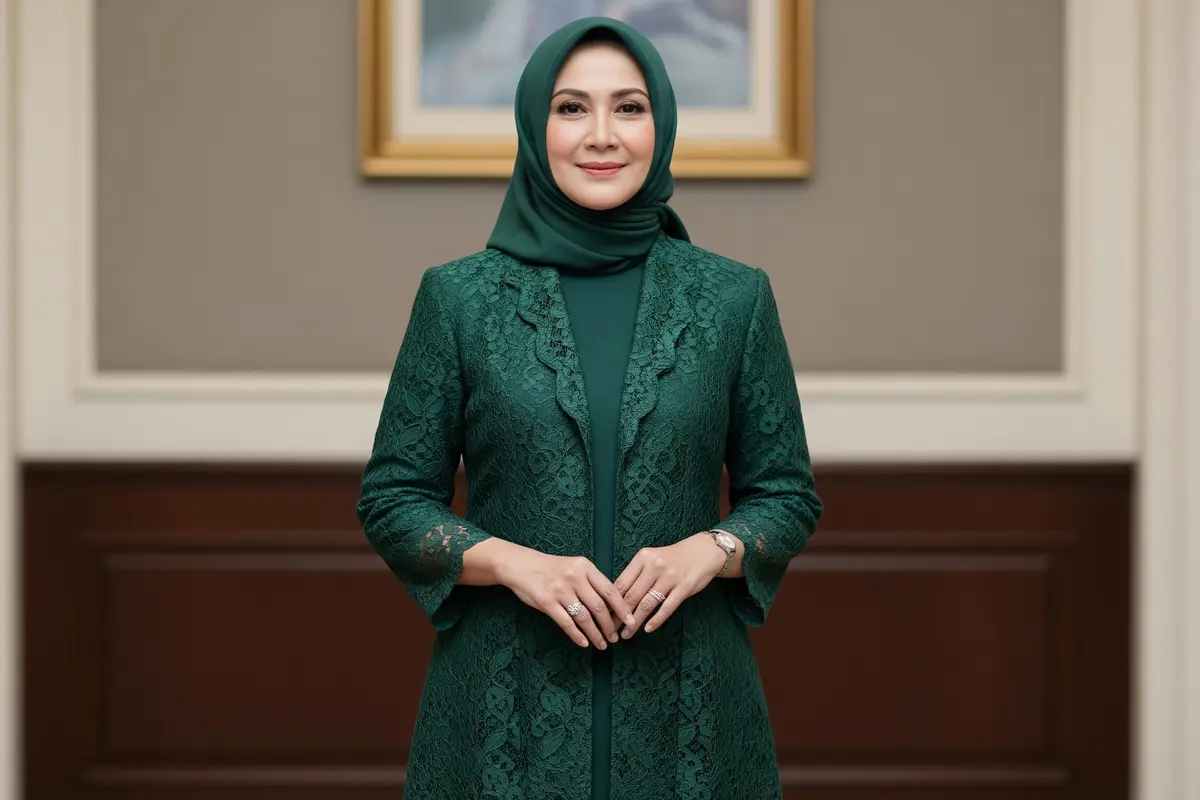 Model Gamis Blazer Brokat Mewah tapi Sederhana untuk Wanita 45 Tahun