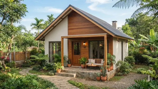 Rumah Mungil Atap Pelana dengan Aksen Kayu
