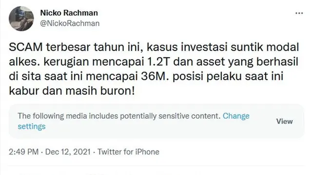 Tangkapan layar korban investasi bodong alat kesehatan.