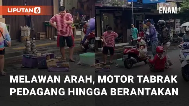 Seorang pengendara motor lawan arah, ia menabrak seorang pedagang. Kejadian tersebut berada di Jl. Suryakencana, Bogor, Jawa Barat (16/06/2023)