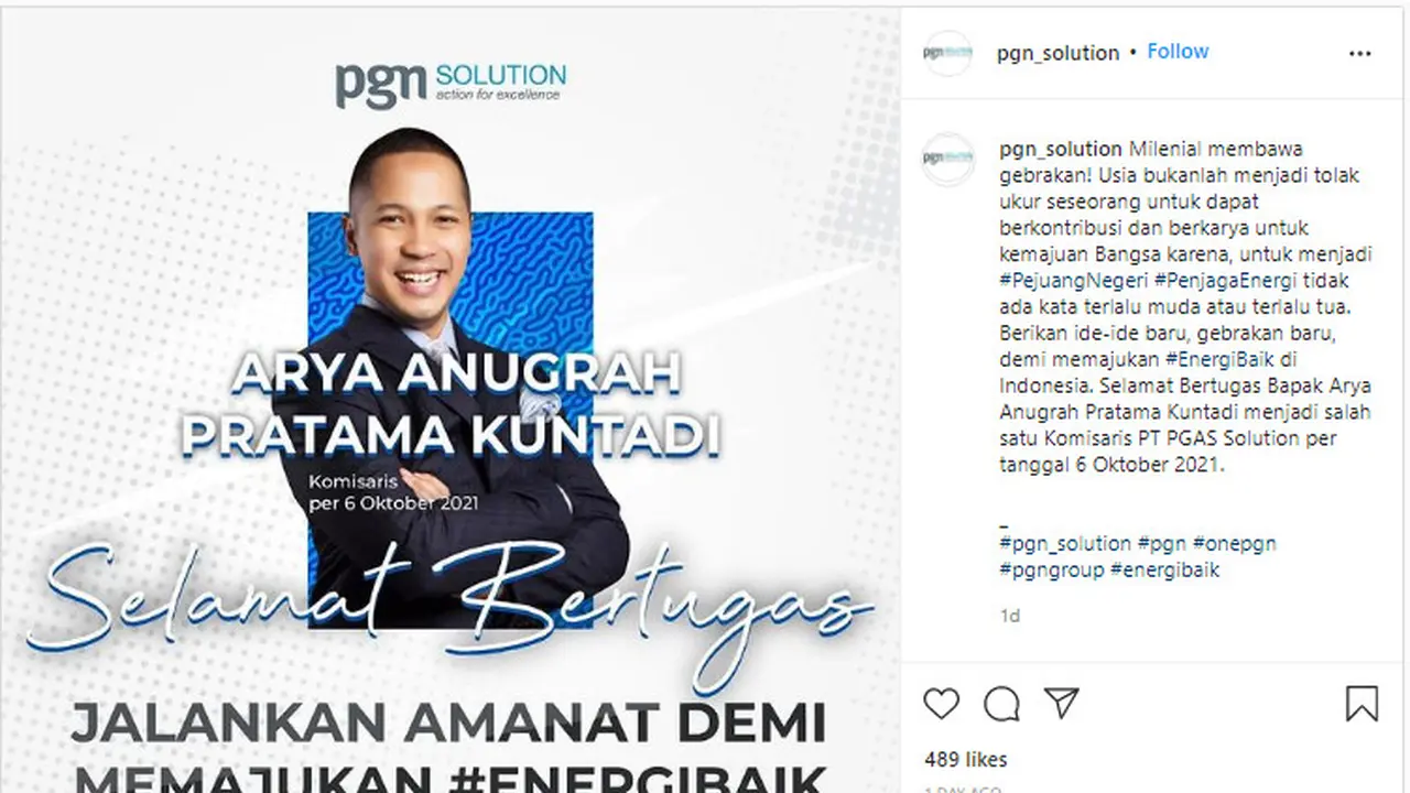 Arya Anugrah Pratama Kuntadi diangkat jadi Komisaris PT PGAS Solution.