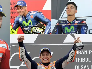Berikut ini klasemen sementara MotoGP 2017 hingga GP San Marino di Sirkuit Misano. Persaingan Marc Marquez dan Andrea Dovizioso semakin ketat. (Kolase foto-foto dari AP-AFP)