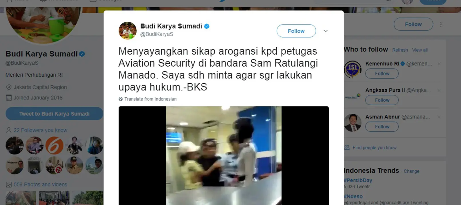   Menhub menyesalkan penamparan wanita kepada petugas Avsec di Bandara Sam Ratulangi, Manado, Sulawesi Utara. (Foto: Capture tweet akun Twitter Menhub Budi Karya Sumadi/@BudiKaryaS)