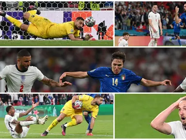 Foto kombinasi menunjukkan kiper Italia Gianluigi Donnarumma, pemain Italia Leonardo Bonucci dan Federico Chiesa, serta pemain Inggris Raheem Sterling dan Harry Kane pada ajang Euro 2020. (Paul ELLIS/POOL/AFP, Carl Recine/POOL/AFP, FACUNDO ARRIZABALAGA/POOL/AFP)
