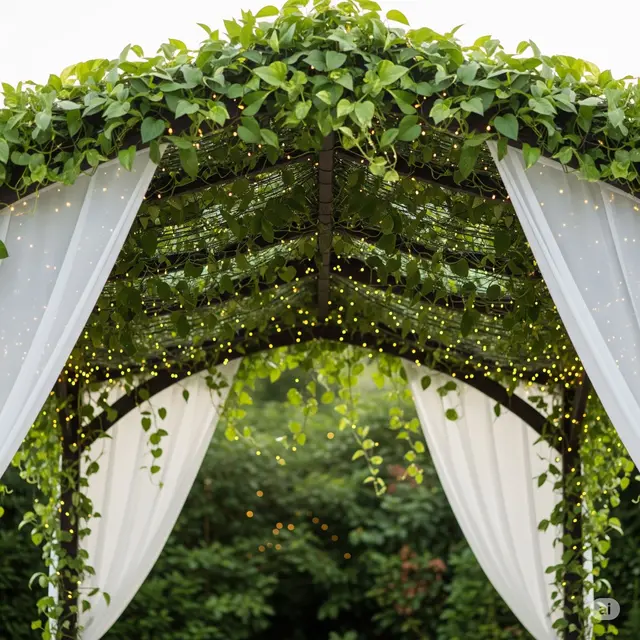 Dekorasi Nikah Sederhana di Rumah Pergola Hijau dengan Tanaman Rambat