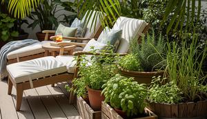 Model Teras Santai dengan Kebun Herbal di Samping Kursi (Sumber: gemini.com)