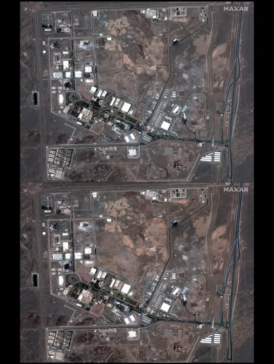 Presiden Amerika Serikat, Donald Trump, mengatakan pihaknya telah berhasil melakukan serangan bom terhadap tiga lokasi nuklir di Iran dan ketiganya telah dihancurkan. (Citra satelit ©2025 Maxar Technologies/AFP)