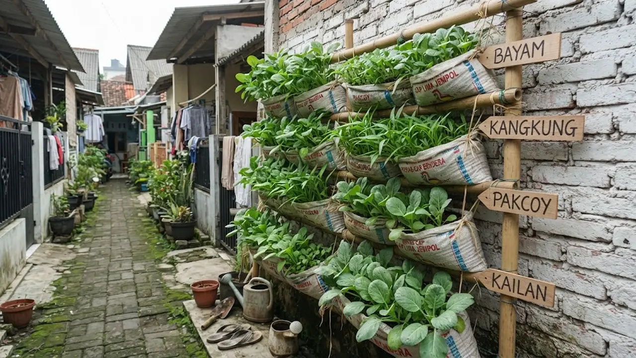 Rak Sayur Gantung dari Karung Beras Bekas