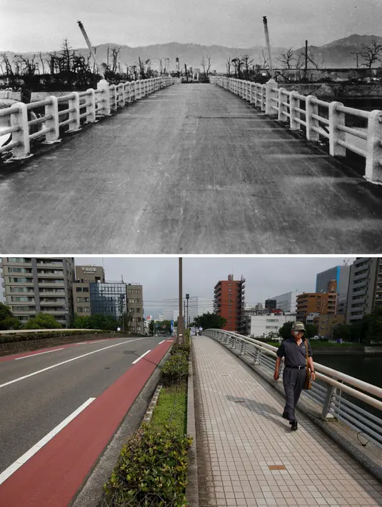 Tampak orang berjalan di jembatan Yorom Hozuyo setelah 70 tahun peristiwa bom Hiroshima (bawah), Jepang, (31/7/2015).  (REUTERS/Shigeo Hayashi/Nagasaki Atomic Bomb Museum /Handout via Reuters /Issei Kato)