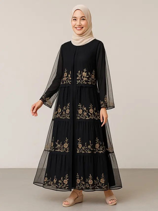 Model Gamis Hitam Kombinasi Bordir/Ilustrasi AI