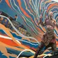Mural God of War Ragnarok di Kota Tua yang menampilkan Kratos, Atreus, dan Thor sedang bertarung. (Liputan6.com/ Yuslianson)