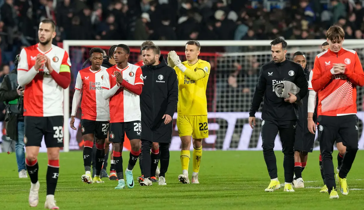 Selanjutnya, Feyenoord akan melakoni laga tandang leg kedua play off Liga Europa 2023/2024 di markas AS Roma, Jumat (23/2/2024). (AP Photo/Peter Dejong)