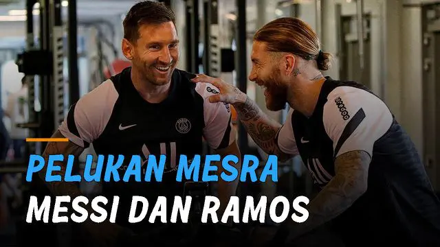 Salah satu momen yang ditunggu publik tiba, Messi memeluk mesra Sergio Ramos di gym.
